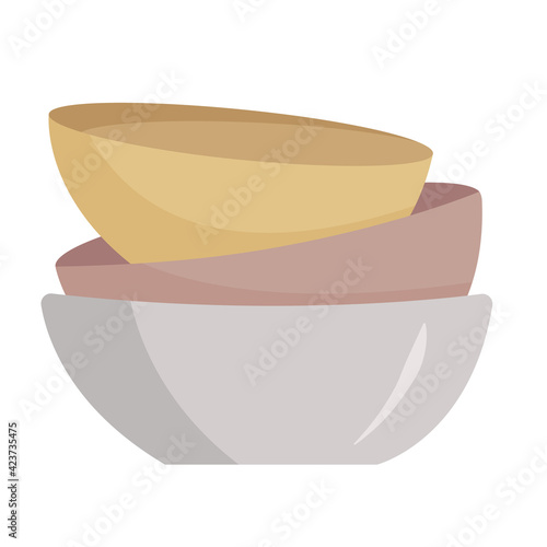 three plates isolated on a white background. Deep plates in pink, beige and blue. Kitchen utensils for cooking and serving soup and other dishes