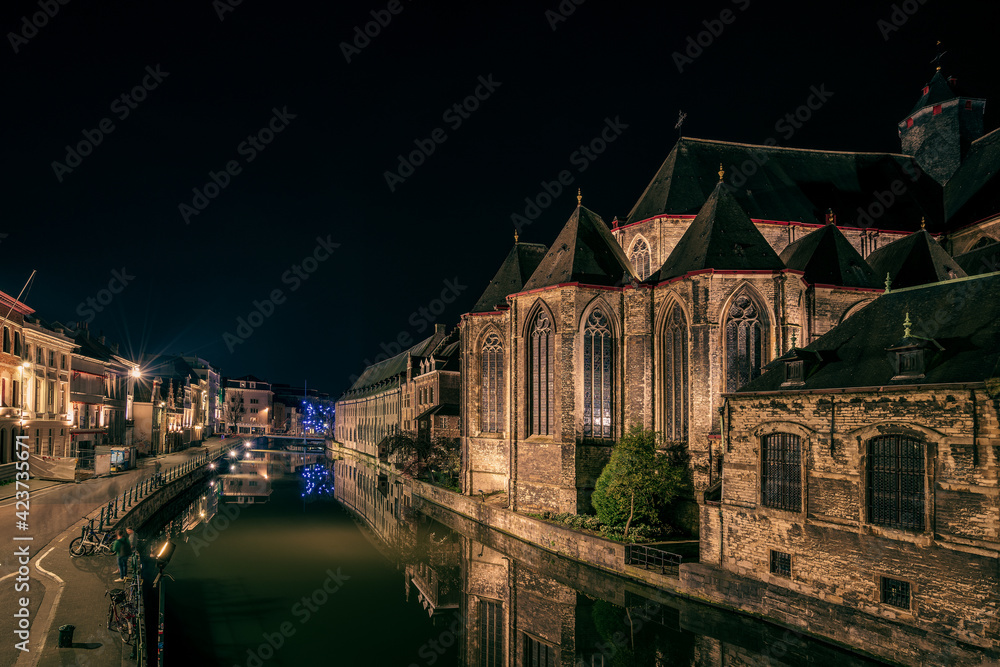 Ghent old town at night, Belgium.