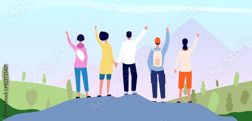 Friends on mountain. People group together, adventure travel team looking at sunrise. Positive hike man girl back view utter vector concept