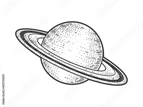 Saturn with rings planet in Solar system sketch engraving vector illustration. T-shirt apparel print design. Scratch board imitation. Black and white hand drawn image.