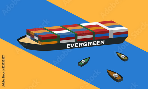 Vector illustration concept of Maritime traffic jam. Container cargo ship run aground and stuck in Suez Canal, Suez Canal blockage.