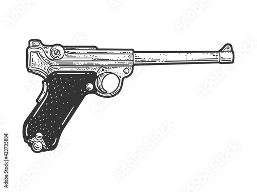 Luger Parabellum pistol historical sketch engraving vector illustration. T-shirt apparel print design. Scratch board imitation. Black and white hand drawn image.