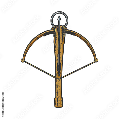 Crossbow vintage weapon color sketch engraving vector illustration. T-shirt apparel print design. Scratch board imitation. Black and white hand drawn image.
