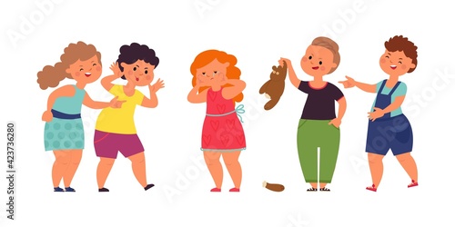 Bullying children. Agressive teenage, teens mockery girl. Flat depressed kid, school bully friends abuse little child decent vector concept