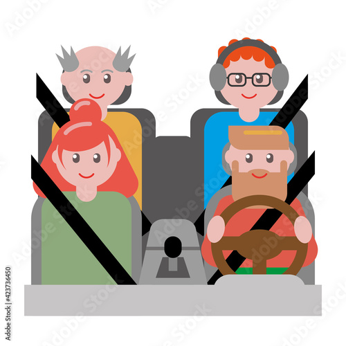 Happy family in a car. Grandpa in the rear seat. Music listening teenager.  Seat belted passengers. Front view. 