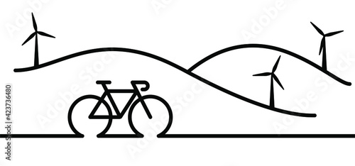 Bicycle with wind turbines. Landscape with hills and windmills. Nature tourism in the mountains, travel, adventure concept. Cartoon cycling line pattern icon. Sports symbol 