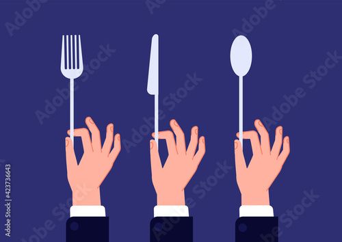 Hands with cutlery. Hand hold spoon, fork knife. Waiter hands holding kitchen utensils, catering in restaurant or gentleman on dinner utter vector concept