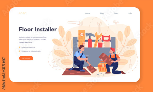 Flooring installer web banner or landing page. Professional parquet laying