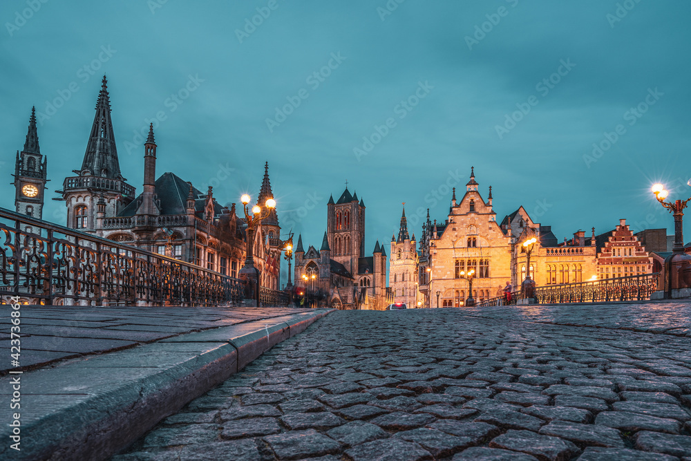 Naklejka premium The St. Michael Bridge in Ghent at night, Belgium.