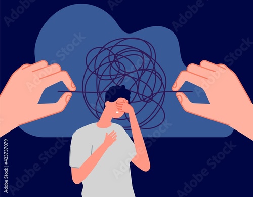 Psychotherapy. Mental disorder, sad man with confused thoughts. Hands unravel the tangled tangle, psycho treatment vector metaphor