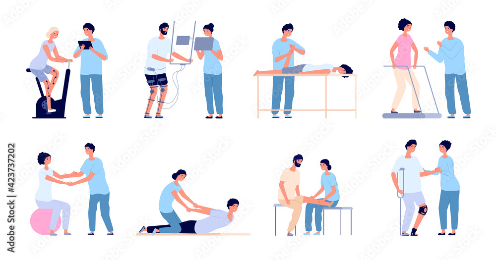 Medical rehabilitation. Flat rehab people collection, clinic of physiotherapy exercise. Disability patient, orthopedic disorders utter vector set