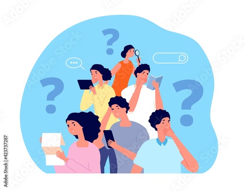 People looking answer. Team search, giant question mark. Brainstorming thinking, group asking or find solution. Utter thoughtful vector characters