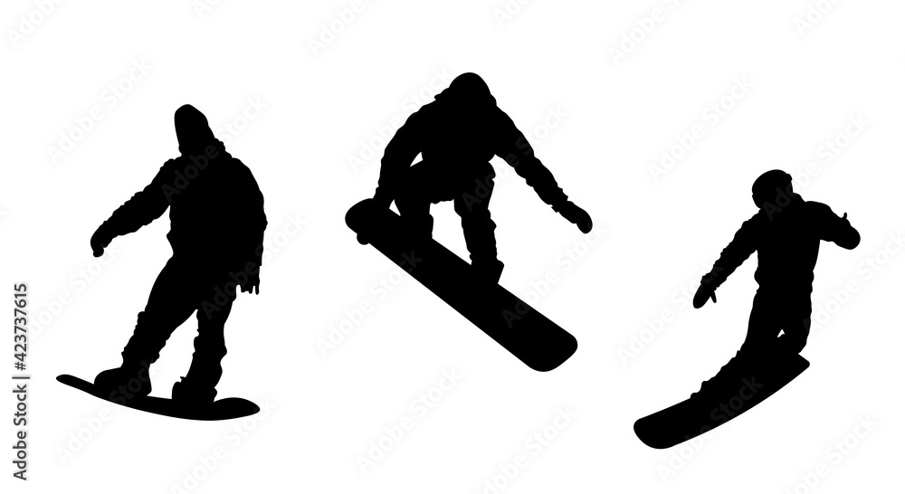 Happy family skiing vector silhouette. Father, mother and chindren having fun.