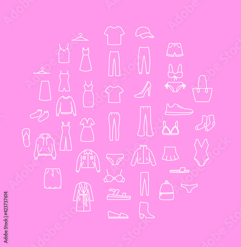 Set of woman clothes icons, thin line style.
