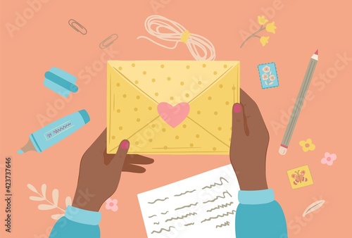 Cartoon letter writing. Hand prepare letters, postal graphic elements. Color envelope, writing message on paper. Postcrossing exact vector concept