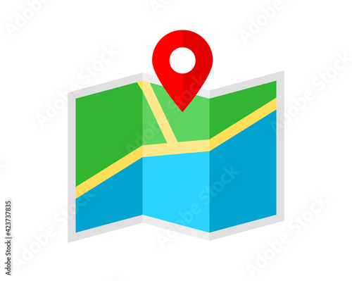 Flat map color icon with map marker. Location symbol. Paper map with a red pin. Navigation concept. City map with road, river and park. Direction with pin pointer. Vector illustration, flat, clip art.