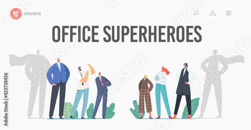 Gender Sex Team Rivalry, Office Superheroes Landing Page Template. Self Confident Men and Women Opposition, Struggle