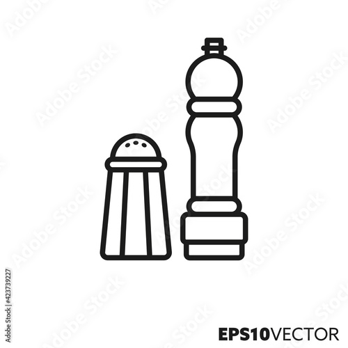 Salt shaker and pepper mill line icon. Outline symbol of condiments and spices. Kitchen utensils vector illustration.