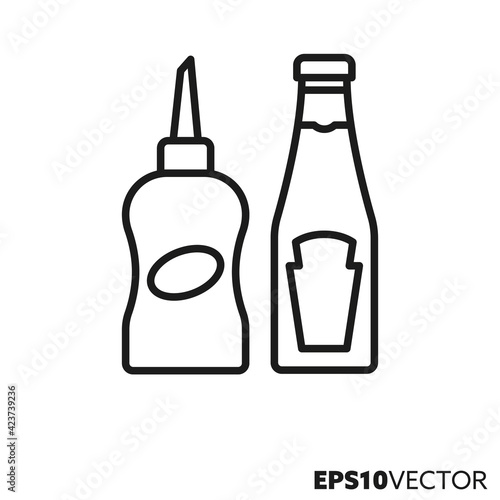 Barbecue seasoning line icon. Outline symbol of ketchup bottle and sauce dispenser. BBQ topping vector illustration.
