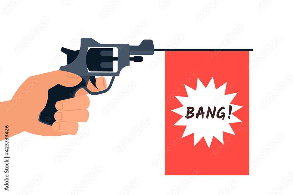 Hand with prop gun bang flag. Clipart image isolated on white