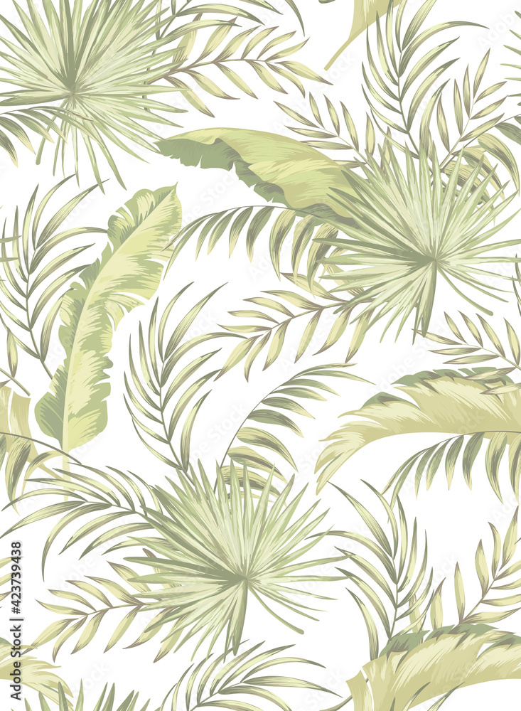 Jungle vector pattern with tropical leaves. Trendy summer print. Exotic seamless background.