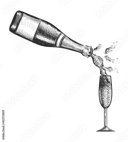 Vector hand drawn bottle of champagne poring in the glass.
