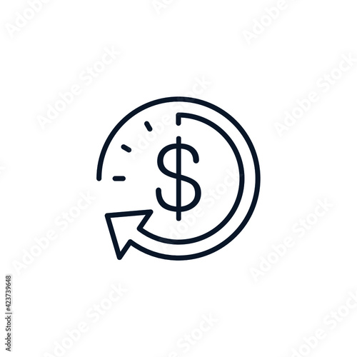 Arrow in a circle, dollar sign. The concept of time is money, quick profit. Vector icon isolated on white background.