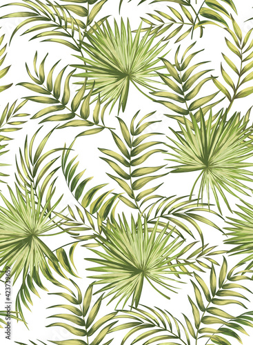 Jungle vector pattern with tropical leaves. Trendy summer print. Exotic seamless background.