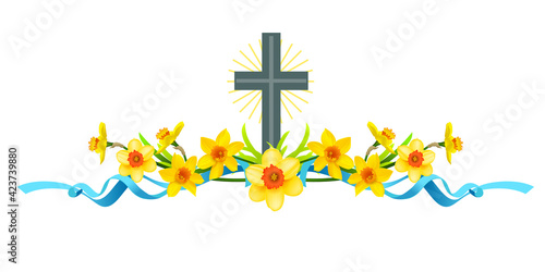 Spring holiday floral borders set with daffodils and cross.