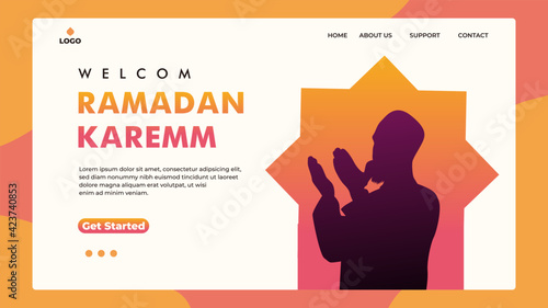 Ramadan Kareem greeting concept with silhouette muslim praying for web landing page template, banner, presentation, social, and print media. islamic eid fitr or adha flat design vector illustration.