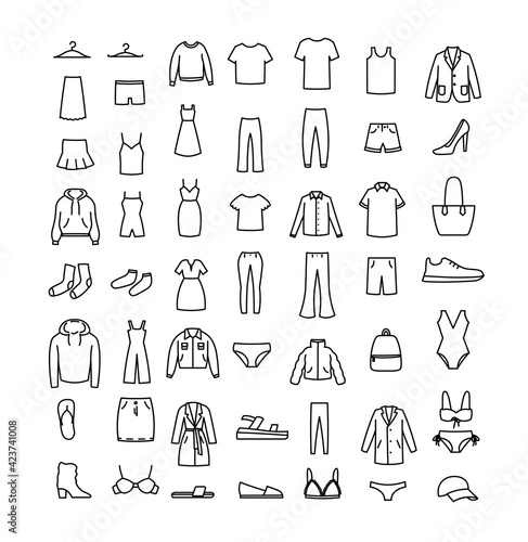 Set of clothes icons, thin line style.