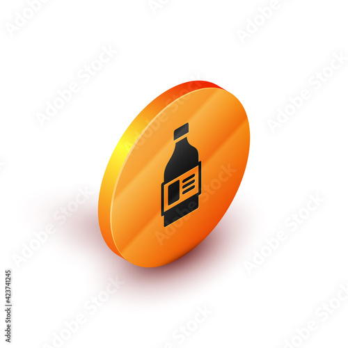 Isometric Plastic bottle for laundry detergent, bleach, dishwashing liquid or another cleaning agent icon isolated on white background. Orange circle button. Vector