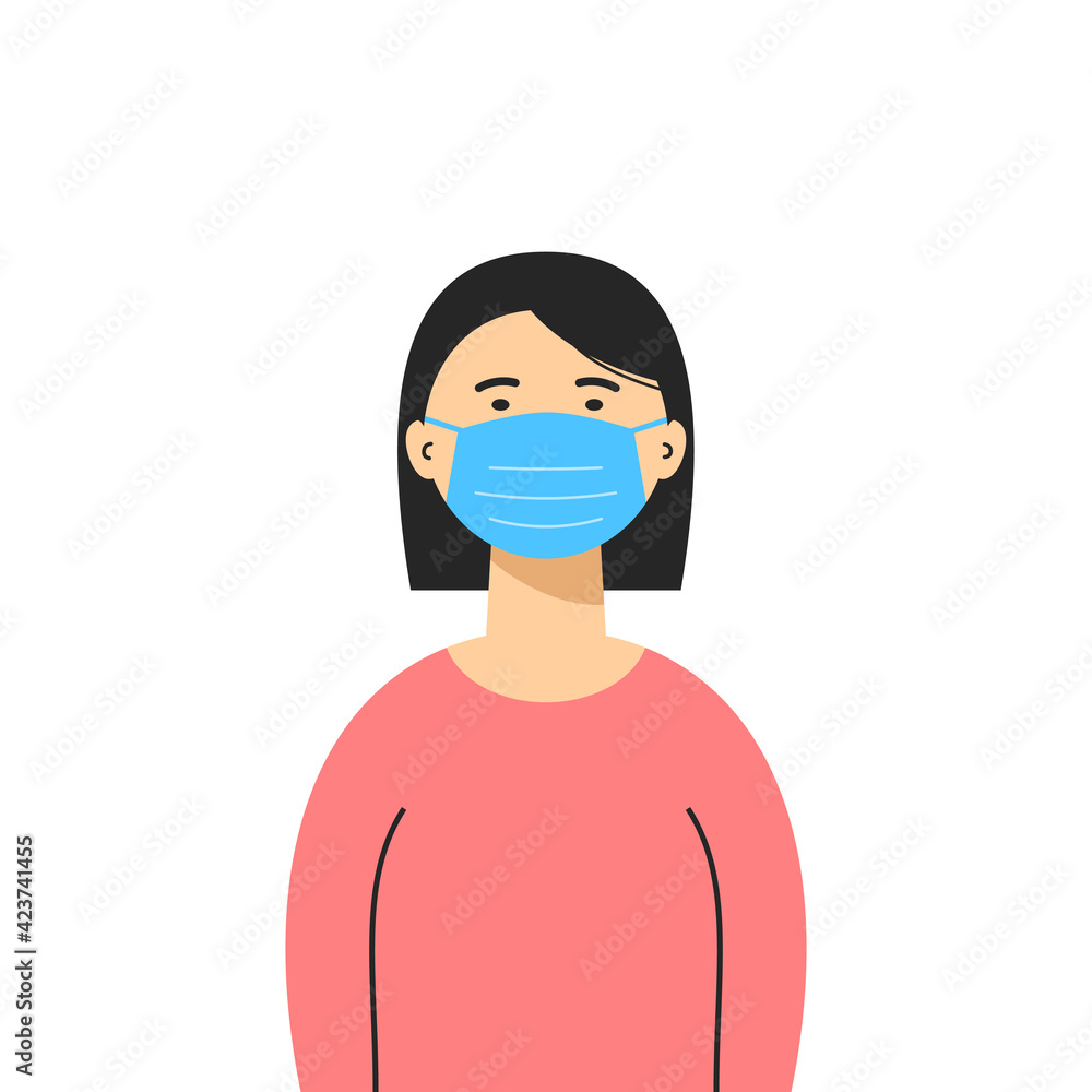 An Asian woman wearing a medical mask isolated on white background. Coronavirus protection, pandemic prevention measures. COVID-19 prevention concept. Vector flat An Asian woman wearing a medical mask isolated on white background. Coronavirus protection, pandemic prevention measures. COVID-19 prevention concept. Vector flat