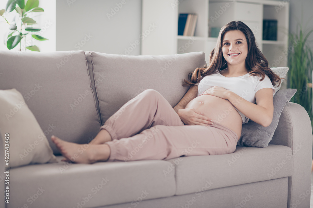 Full length photo of pretty happy young woman mother touch belly lie sofa in living room indoors inside house Full length photo of pretty happy young woman mother touch belly lie sofa in living room indoors inside house