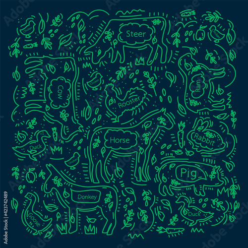 Doodle background with farm animals on a dark background. A pattern with cute livestock in a line with inscriptions. Words and animals of Pig, Horse, Duck, Chicken and Cow drawn by hand. Vector illust