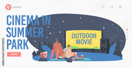 Couple with Pop Corn in Open Air Cinema at Summer Park Landing Page Template. Characters at Outdoor Movie Theater