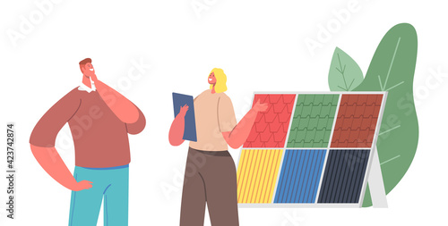 Customer Character Choose Tiling for Roof Design Communicate with Saleswoman or Designer Salon Manager Discuss Features