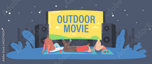 Open Air Cinema at House Backyard or City Park Concept. Characters Spend Night with Friends at Outdoor Movie Theater