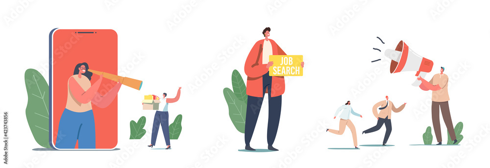 Set Characters Hiring Job, Woman with Spyglass Use Online App. Applicant with Banner Search Work, Agent with Loudspeaker Set Characters Hiring Job, Woman with Spyglass Use Online App. Applicant with Banner Search Work, Agent with Loudspeaker