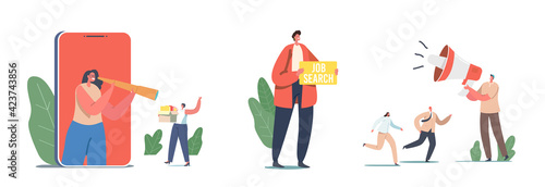 Set Characters Hiring Job, Woman with Spyglass Use Online App. Applicant with Banner Search Work, Agent with Loudspeaker