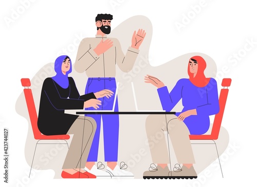 Teamwork in office on business meeting or seminar. Corporate team or group of people working on laptop or computer on table. Employees or coworkers discuss a new project, generate ideas, talk.