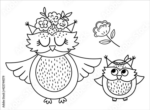 Vector black and white baby owl with parent. Funny bohemian style woodland bird scene showing family love. Cute boho illustration for card, print, stationery design. Forest line icon.