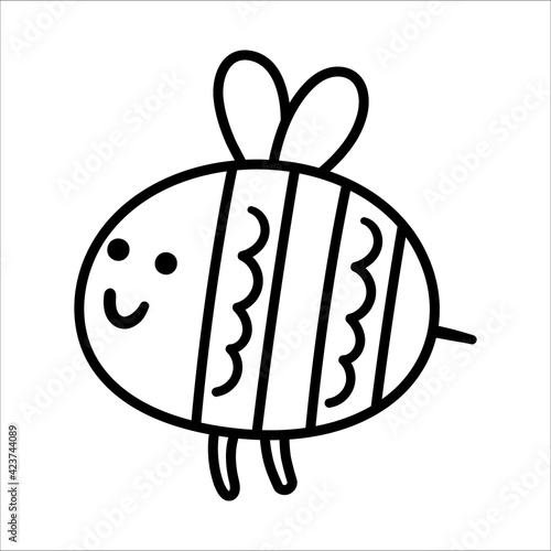 Vector black and white hand drawn baby bumblebee. Cute little woodland insect line icon isolated on white background. Sweet forest bee illustration or coloring page..