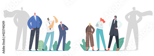 Gender Sex Team Rivalry, Office Superheroes Concept. Self Confident Men and Women Opposition, Struggle, Competition