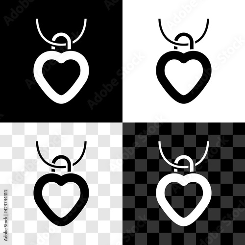 Set Necklace with heart shaped pendant icon isolated on black and white, transparent background. Jewellery decoration. International Happy Women Day. Vector