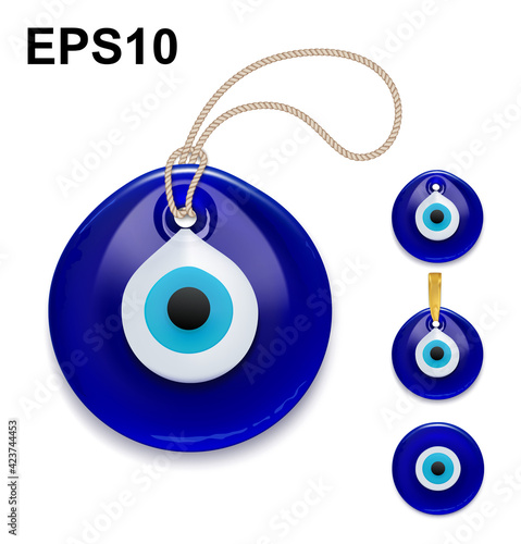 Evil eye protection signs. Symbol of protection. Blue Turkish Fatima's Eye. Amulet from evil eye. Nazar. Magic item, attribute. Vector illustration