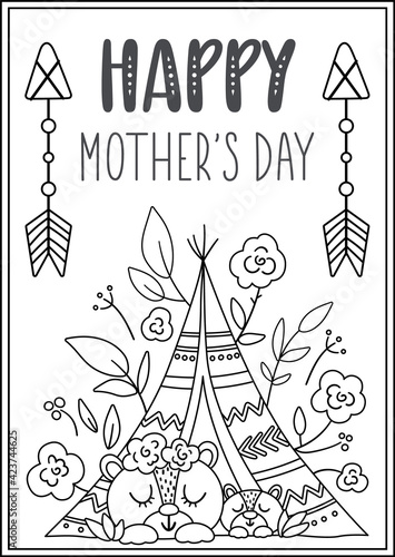 Vector black and white Mothers Day card with cute boho animal. Pre-made design or coloring page with woodland baby cub and mother. Bohemian style line poster with bear family in wigwam .