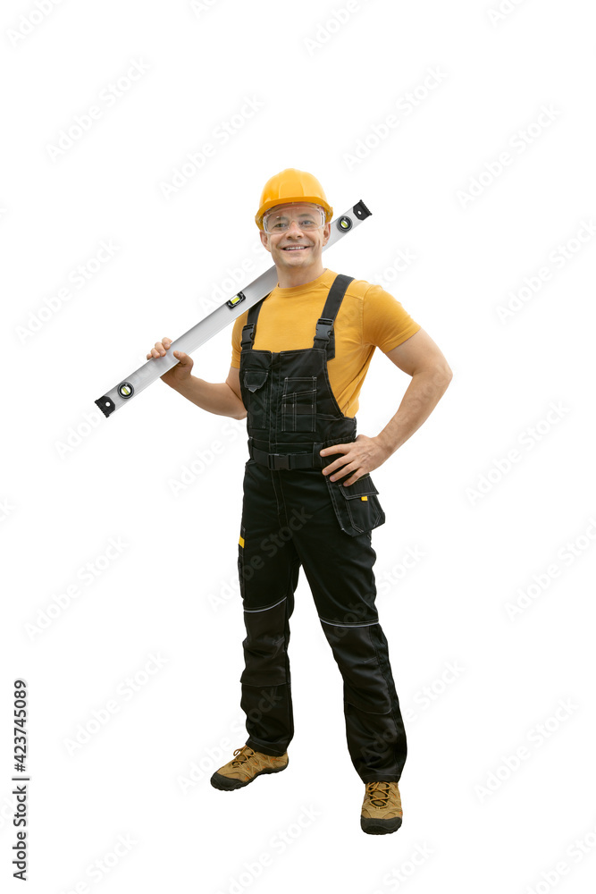 worker handyman repairman or builder with construction spirit level worker handyman repairman or builder with construction spirit level