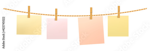 Paper notes hanging on a rope with clothespins. Realistic vector illustration isolated on white background.