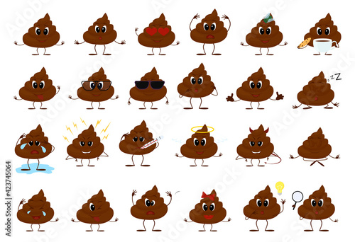 Cartoon poo character, set of emotions icon. Mascot pile of shit vector illustration isolated on white